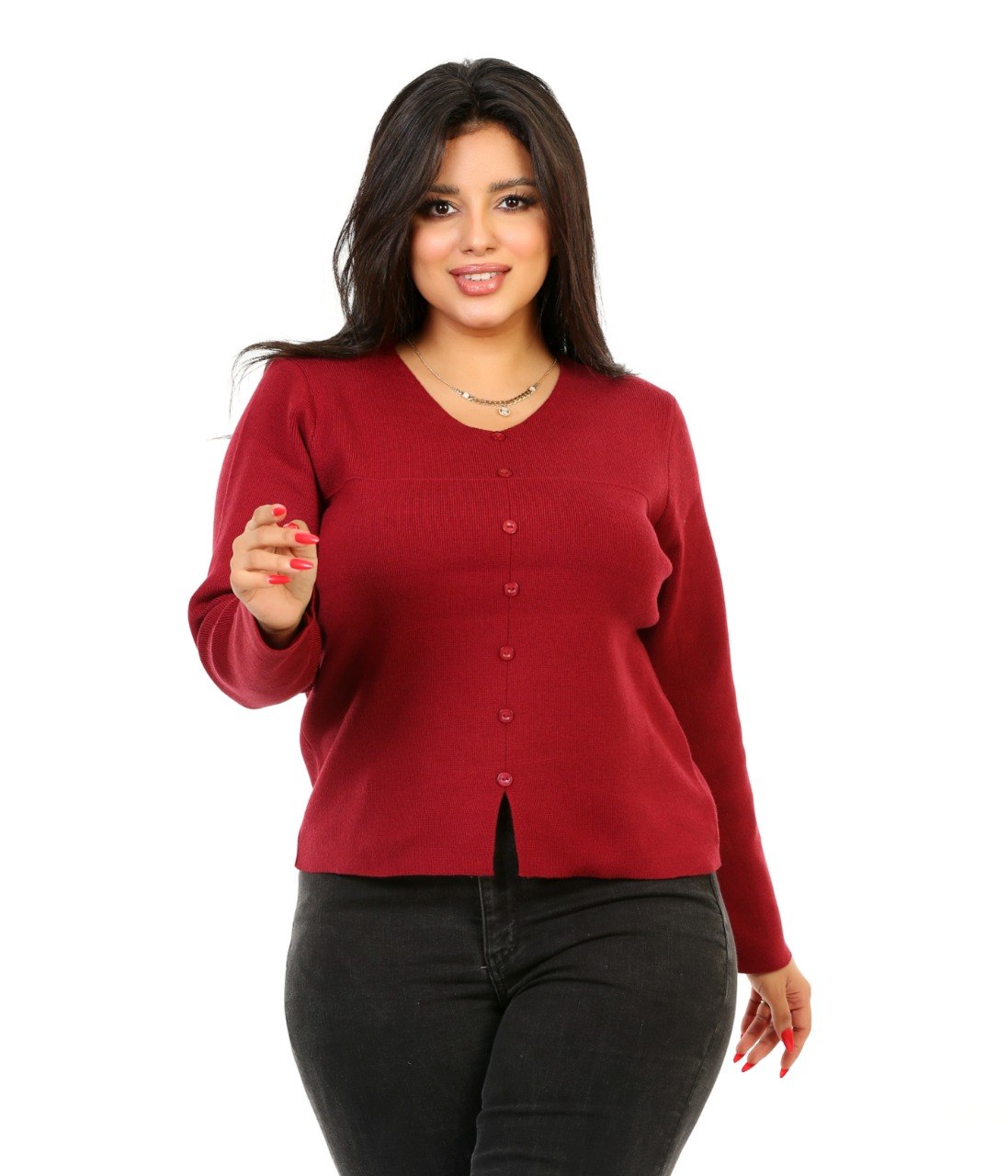 Scoop Neck Button Knit Blouse - Burgundy