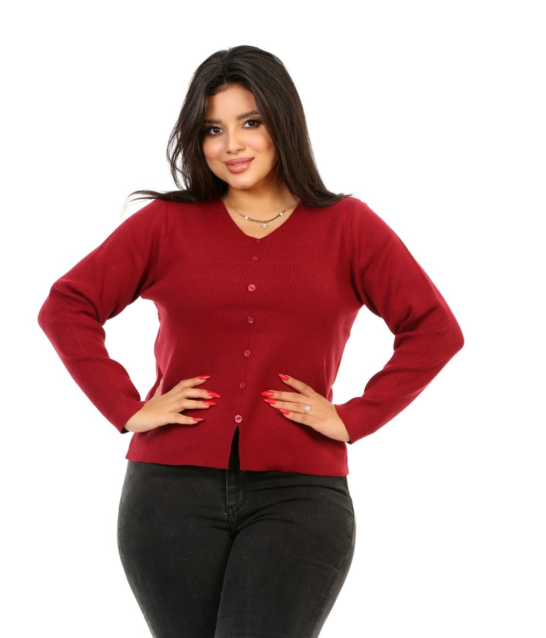 Scoop Neck Button Knit Blouse - Burgundy