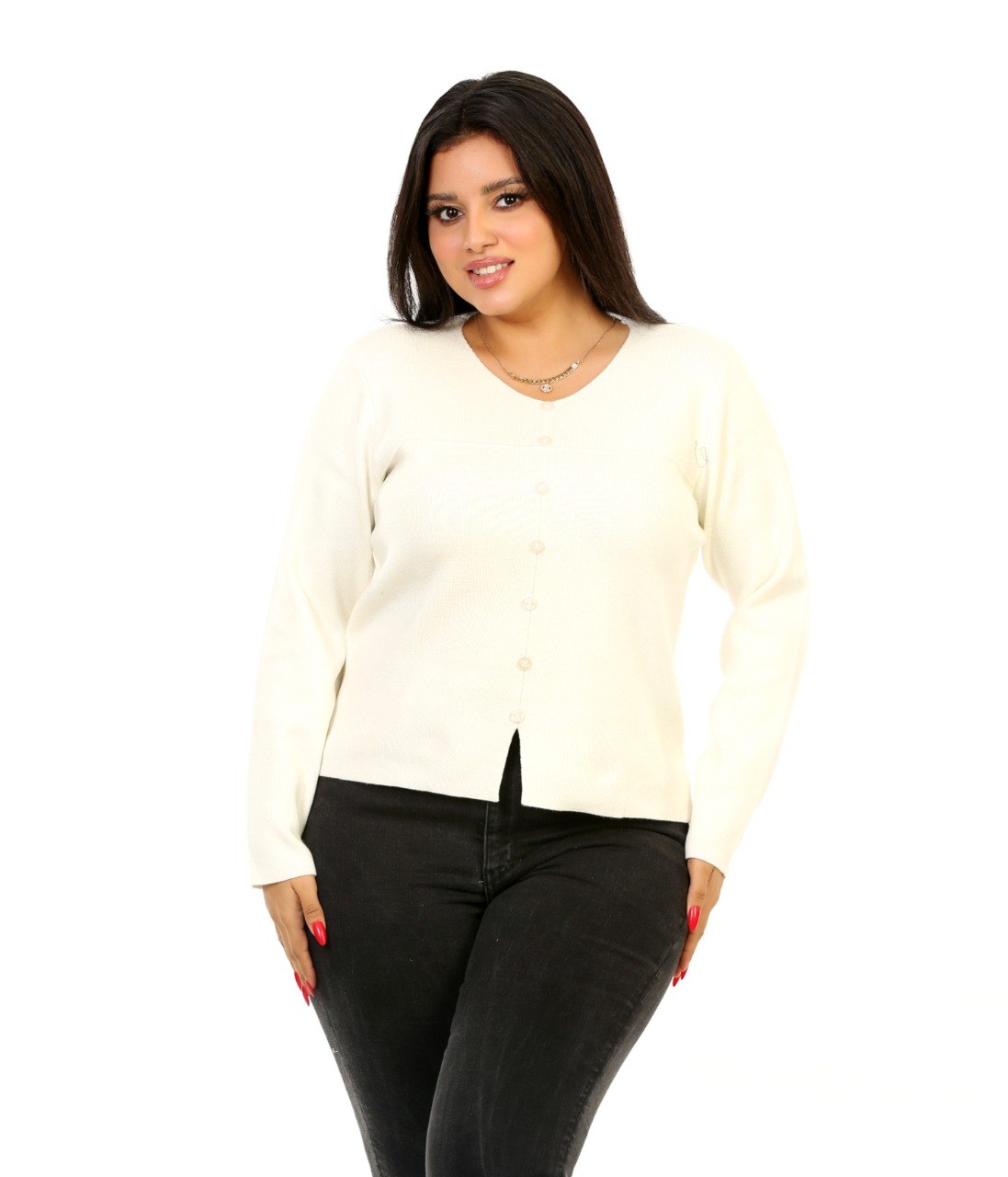 Scoop Neck Button Knit Blouse - Off White