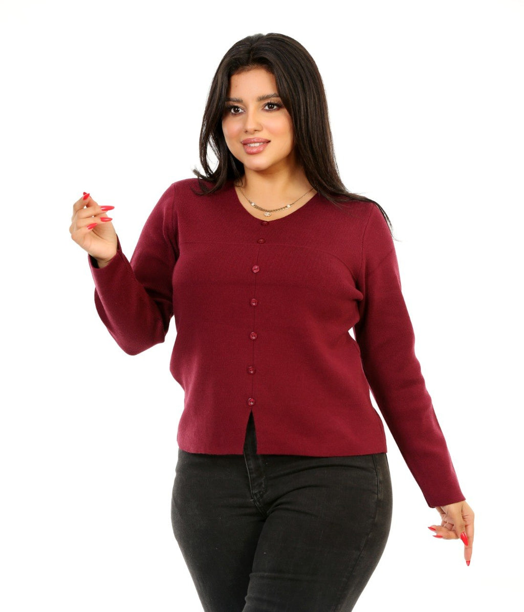 Scoop Neck Button Knit Blouse - Burgundy