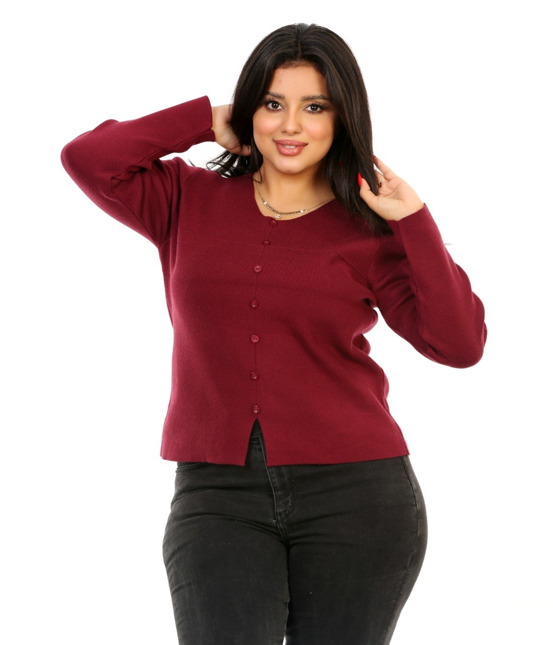 Scoop Neck Button Knit Blouse - Burgundy