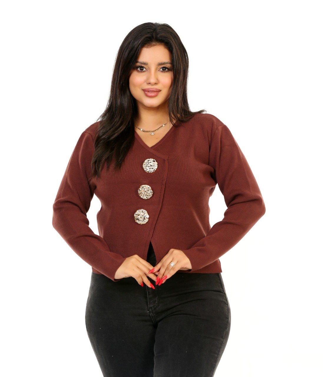 Statement Button V-Neck Blouse - Brown