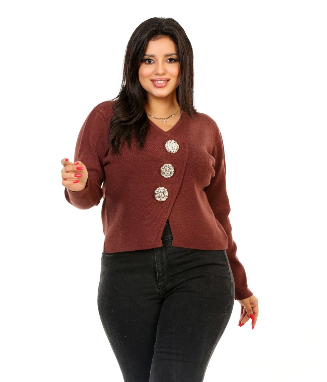 Statement Button V-Neck Blouse - Brown