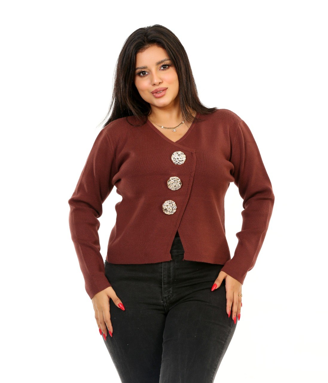 Statement Button V-Neck Blouse - Brown