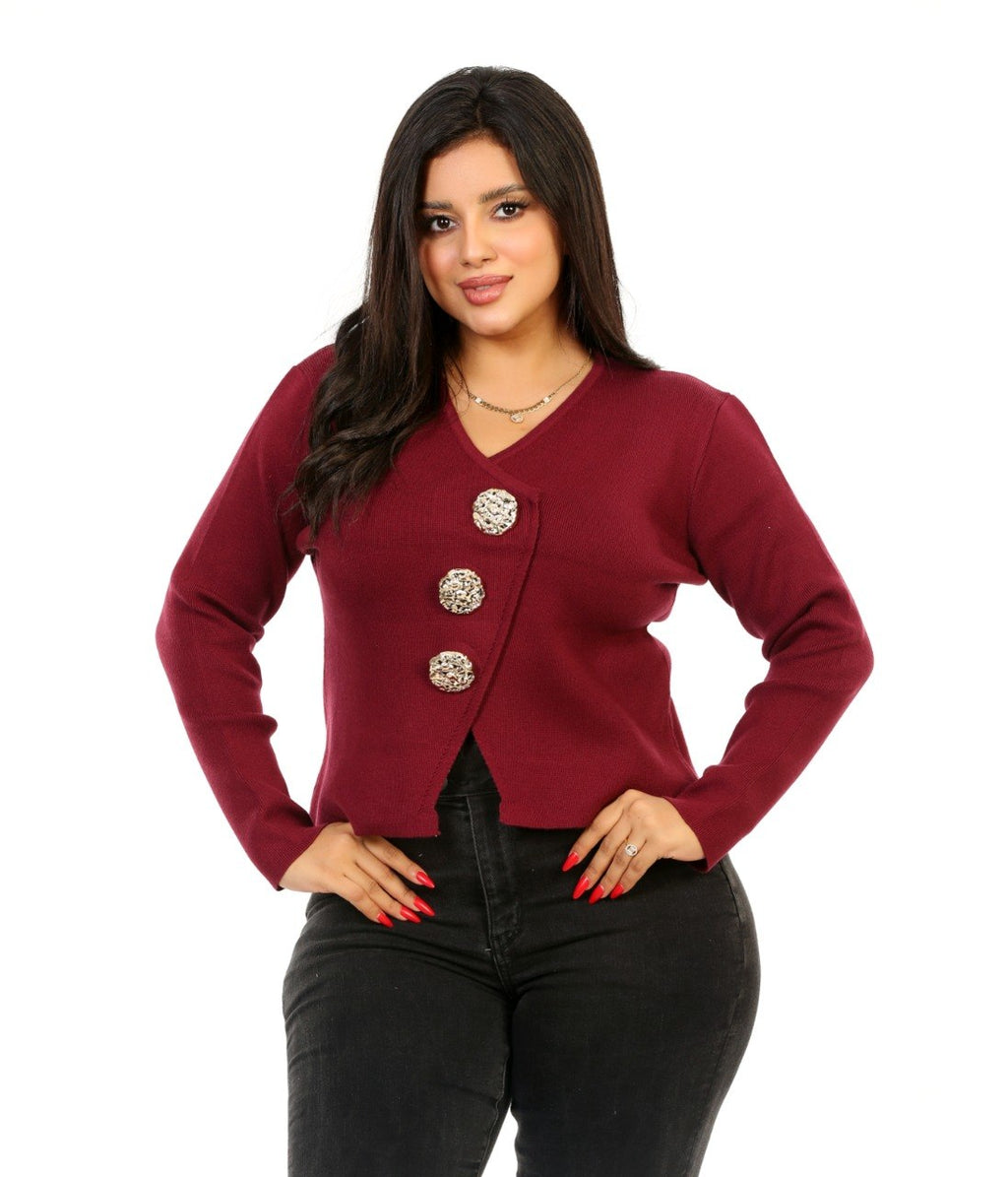 Statement Button V-Neck Blouse - Burgundy
