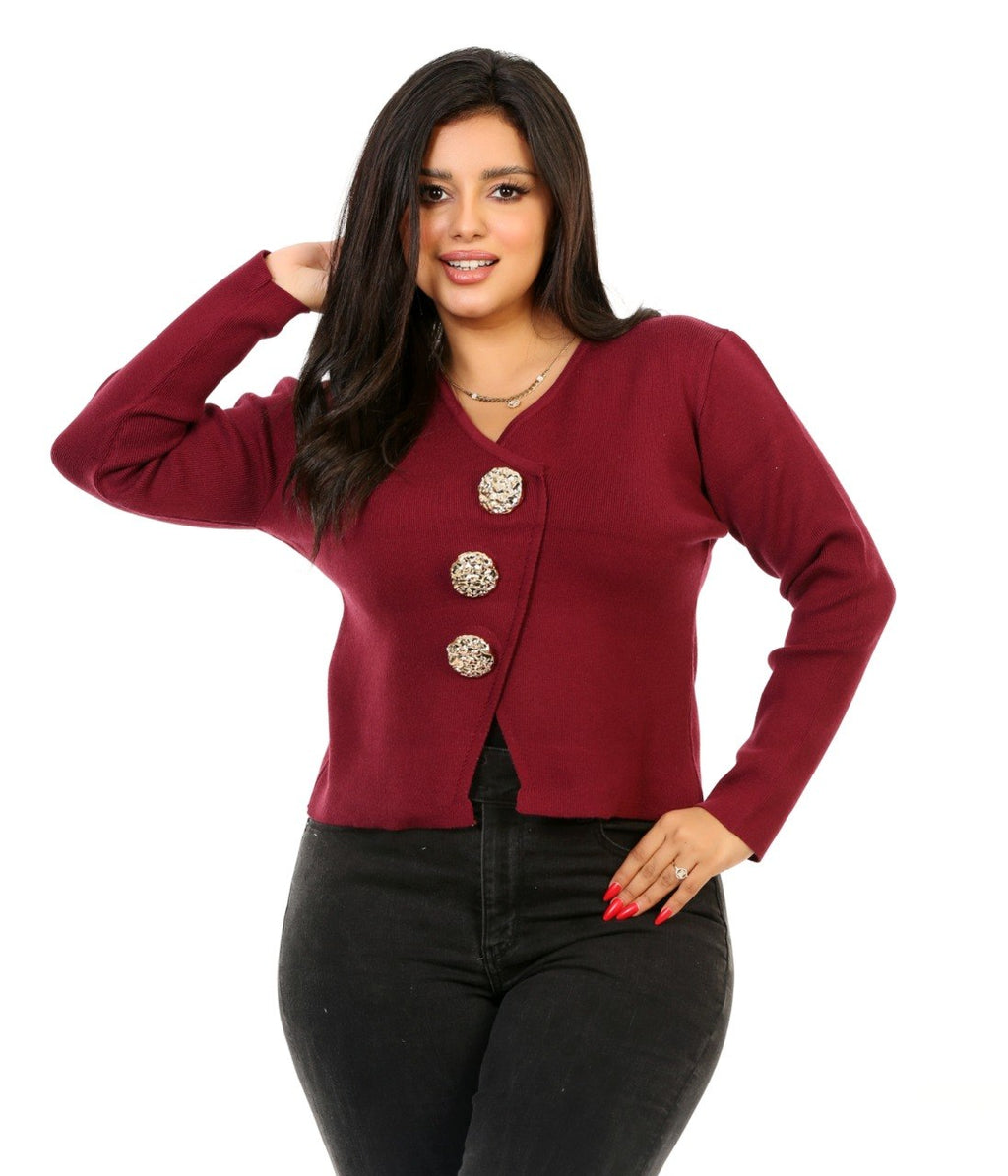 Statement Button V-Neck Blouse - Burgundy