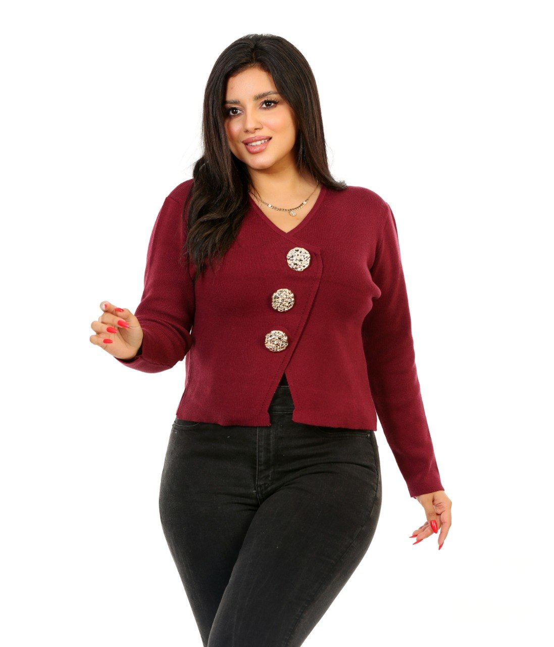 Statement Button V-Neck Blouse - Burgundy