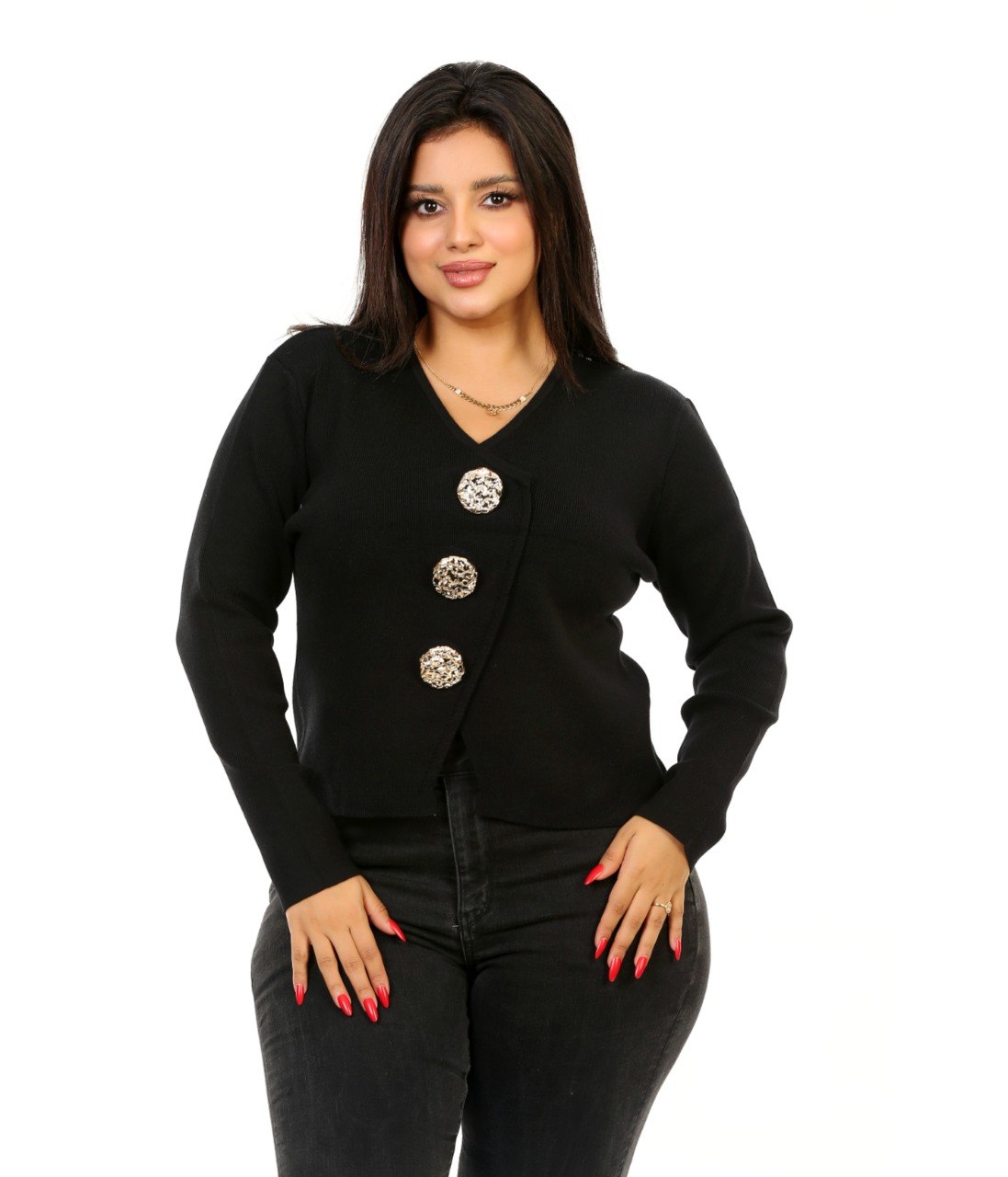 Statement Button V-Neck Blouse - Black