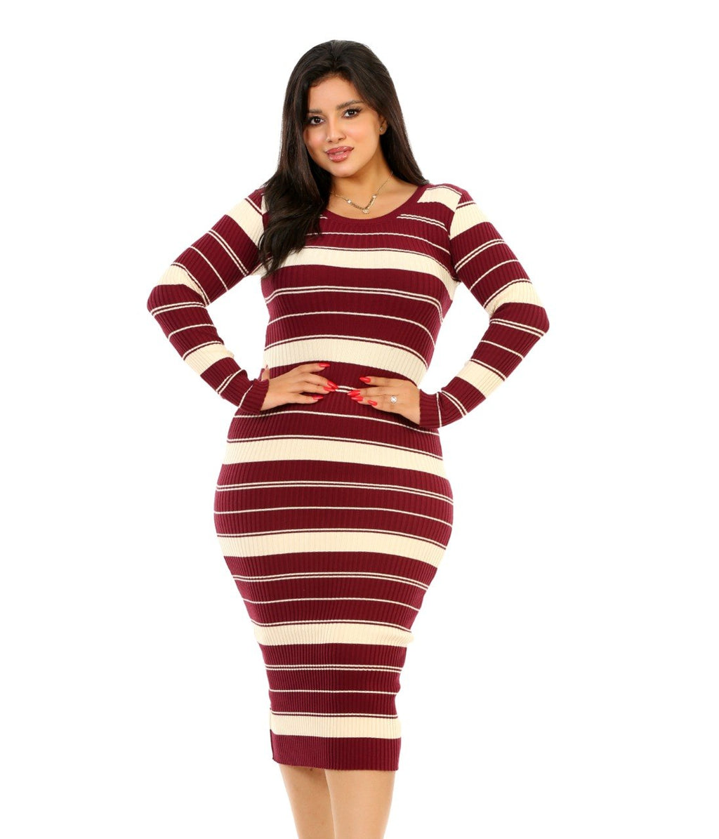Ribbed Stripe Bodycon Dress - Burgundy