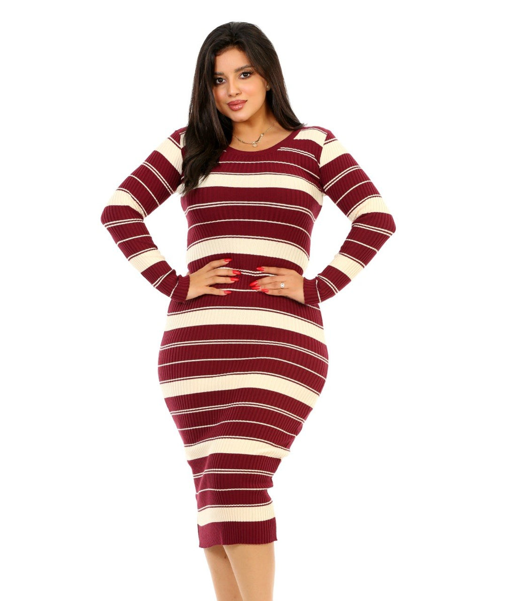 Ribbed Stripe Bodycon Dress - Burgundy