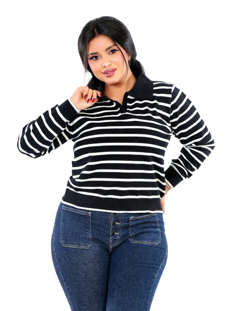 Classic Stripe Collared Knit Blouse - Black