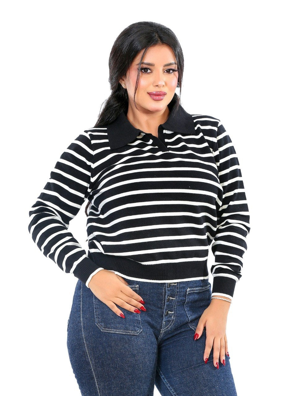 Classic Stripe Collared Knit Blouse - Black