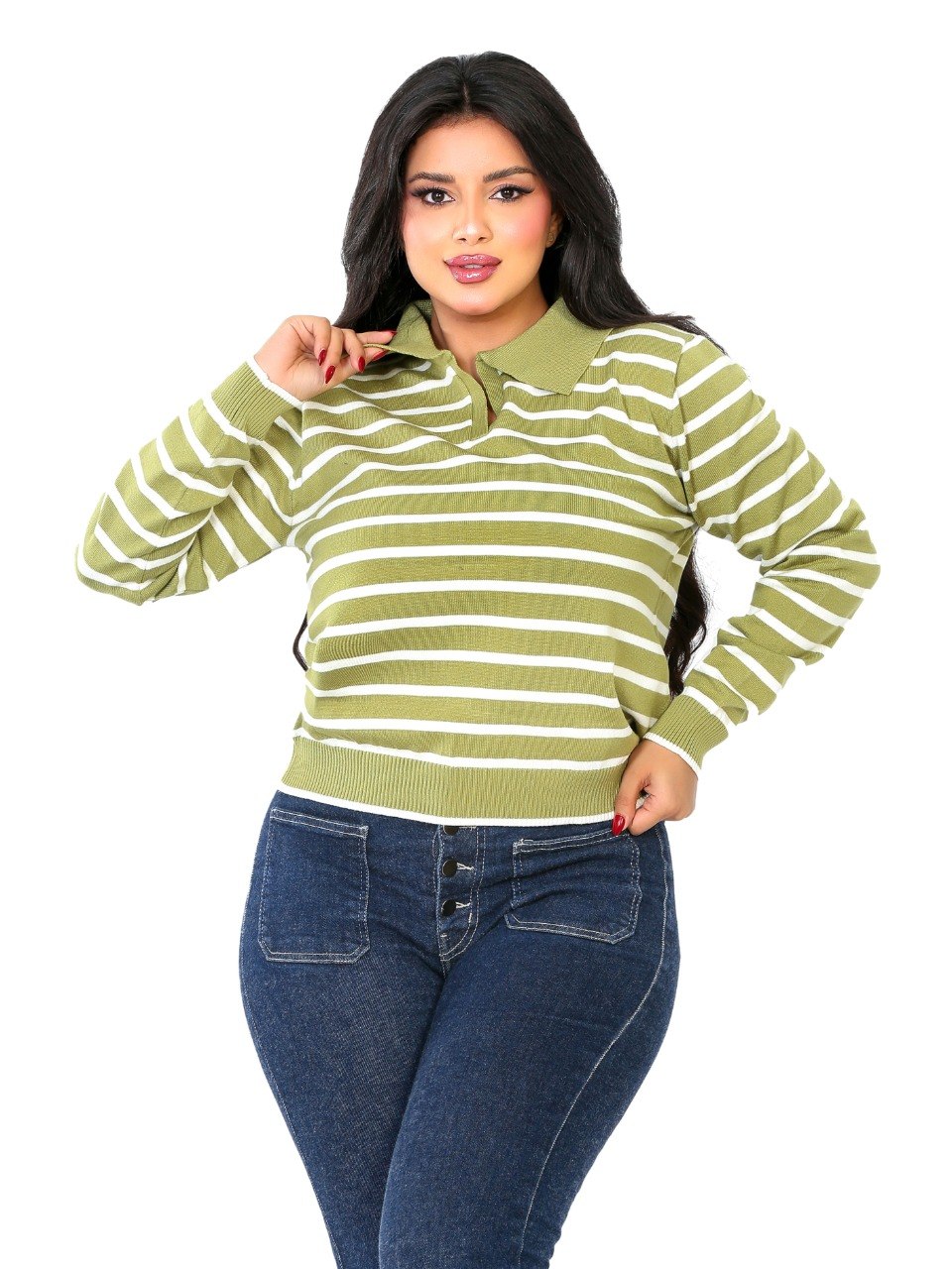 Classic Stripe Collared Knit Blouse - Light Olive