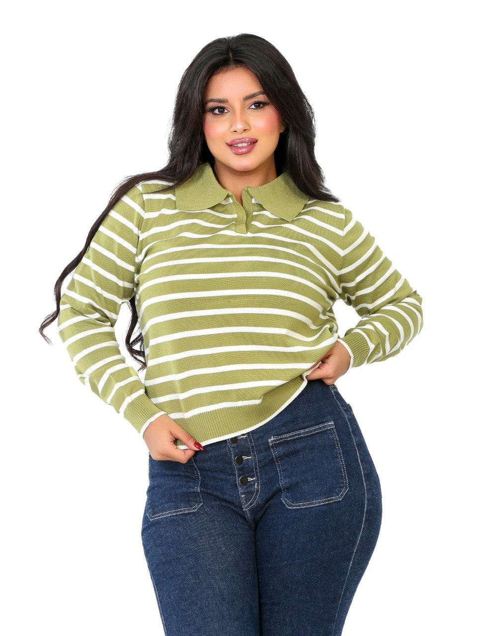 Classic Stripe Collared Knit Blouse - Light Olive