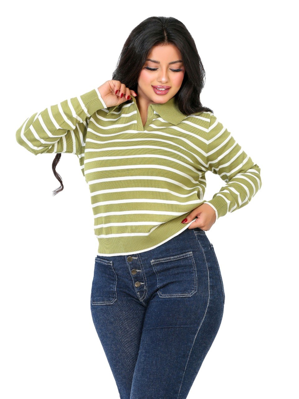 Classic Stripe Collared Knit Blouse - Light Olive