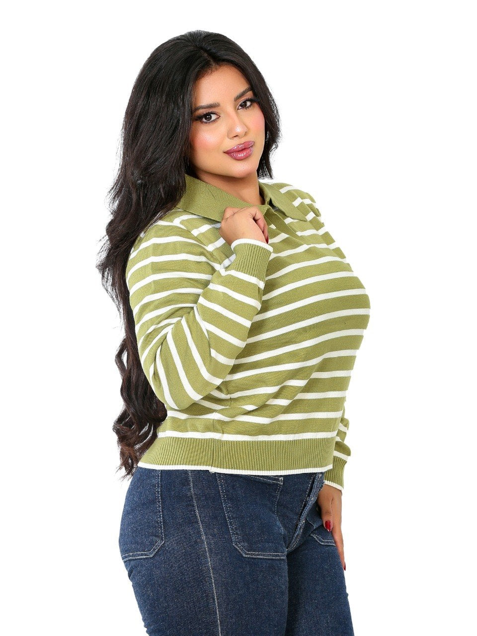 Classic Stripe Collared Knit Blouse - Light Olive