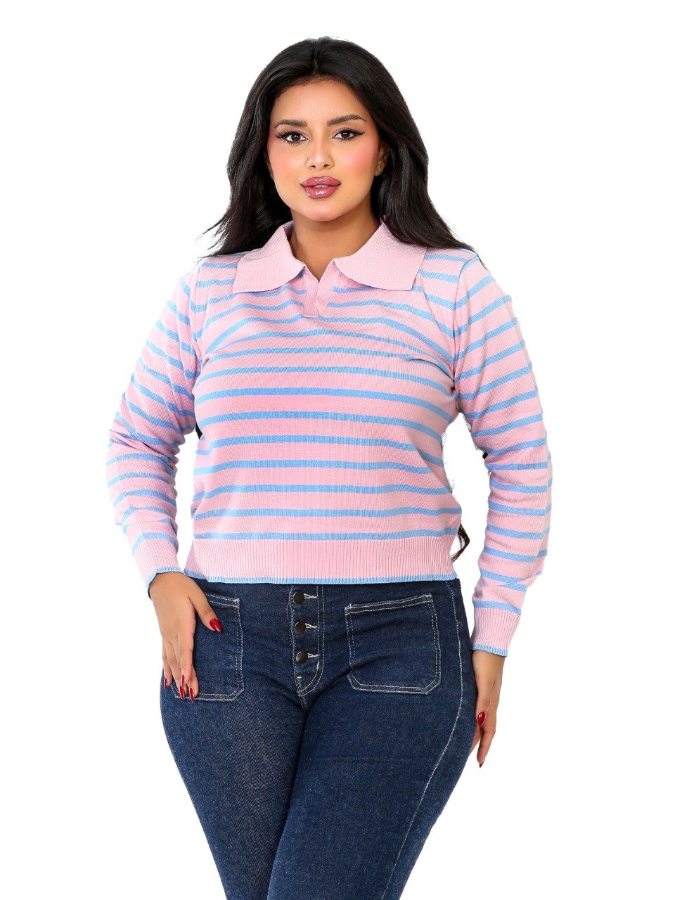Classic Stripe Collared Knit Blouse - Pink