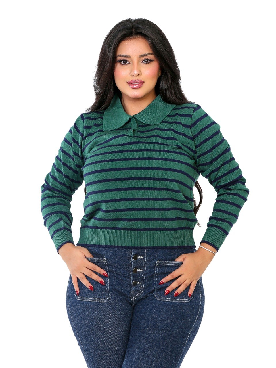 Classic Stripe Collared Knit Blouse - Dark Green