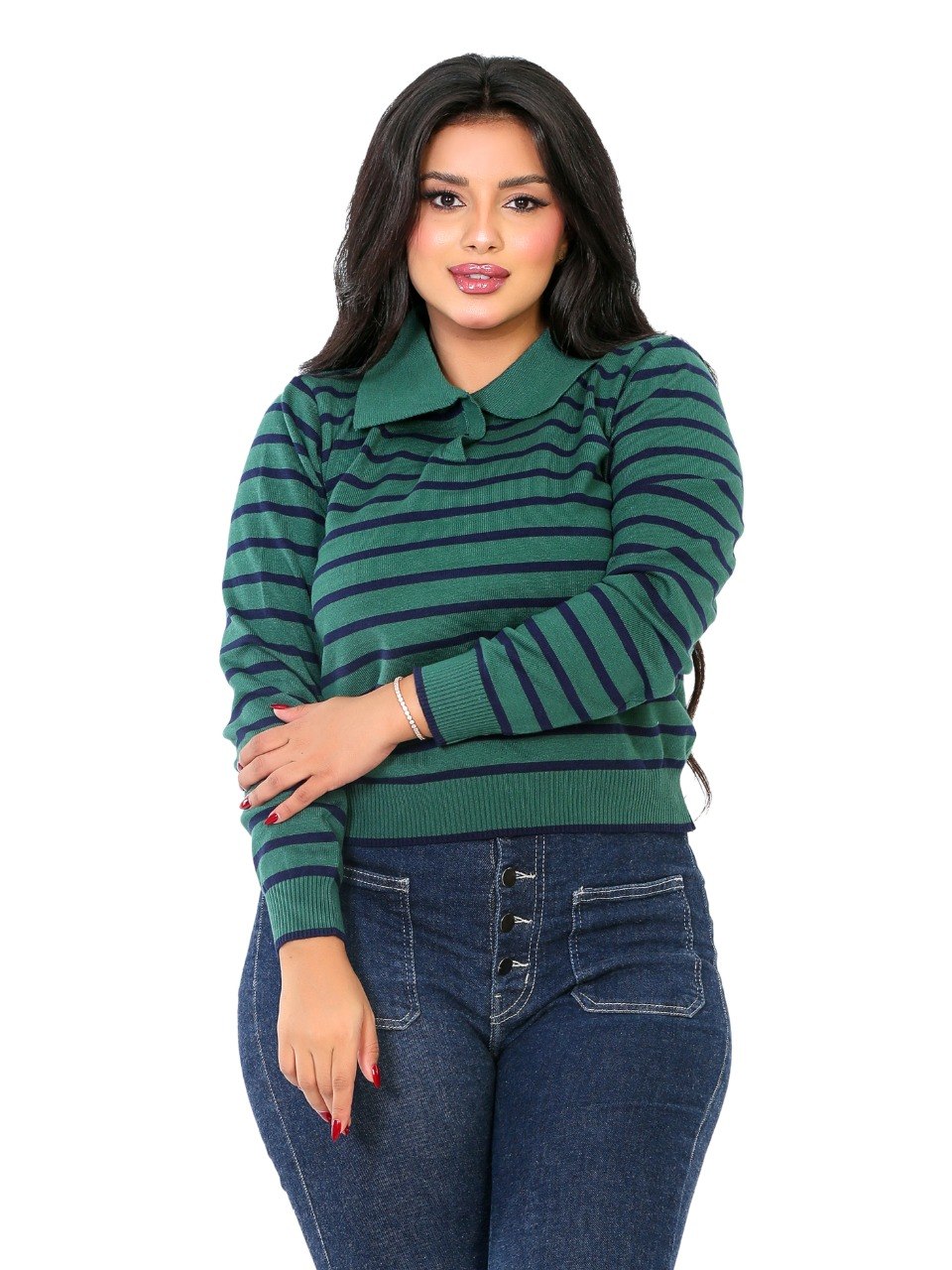 Classic Stripe Collared Knit Blouse - Dark Green