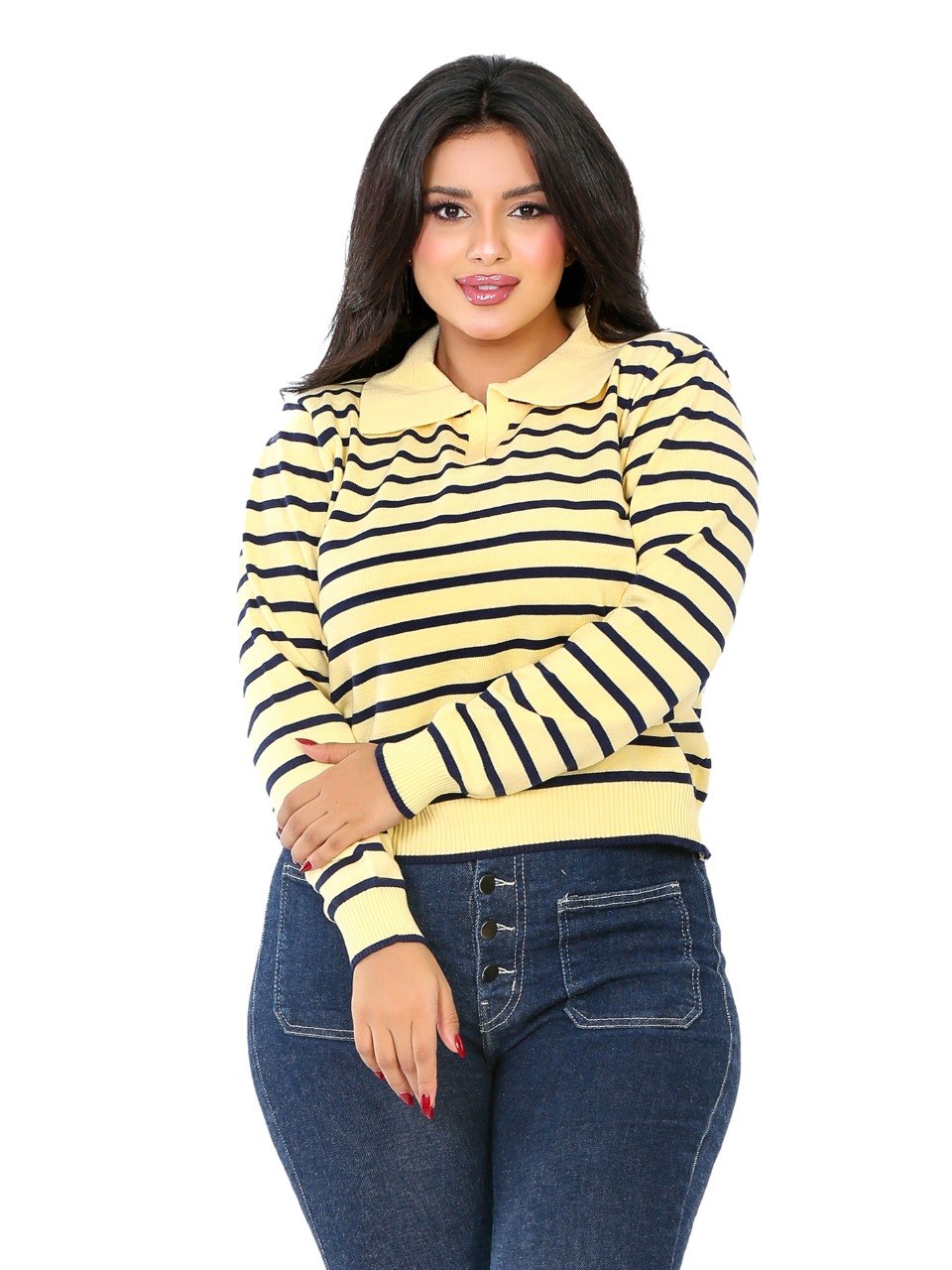 Classic Stripe Collared Knit Blouse - Yellow