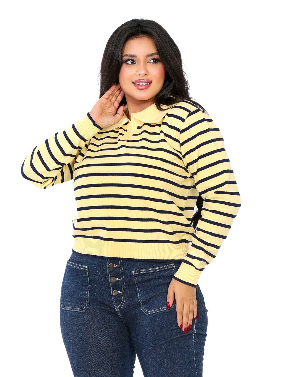 Classic Stripe Collared Knit Blouse - Yellow