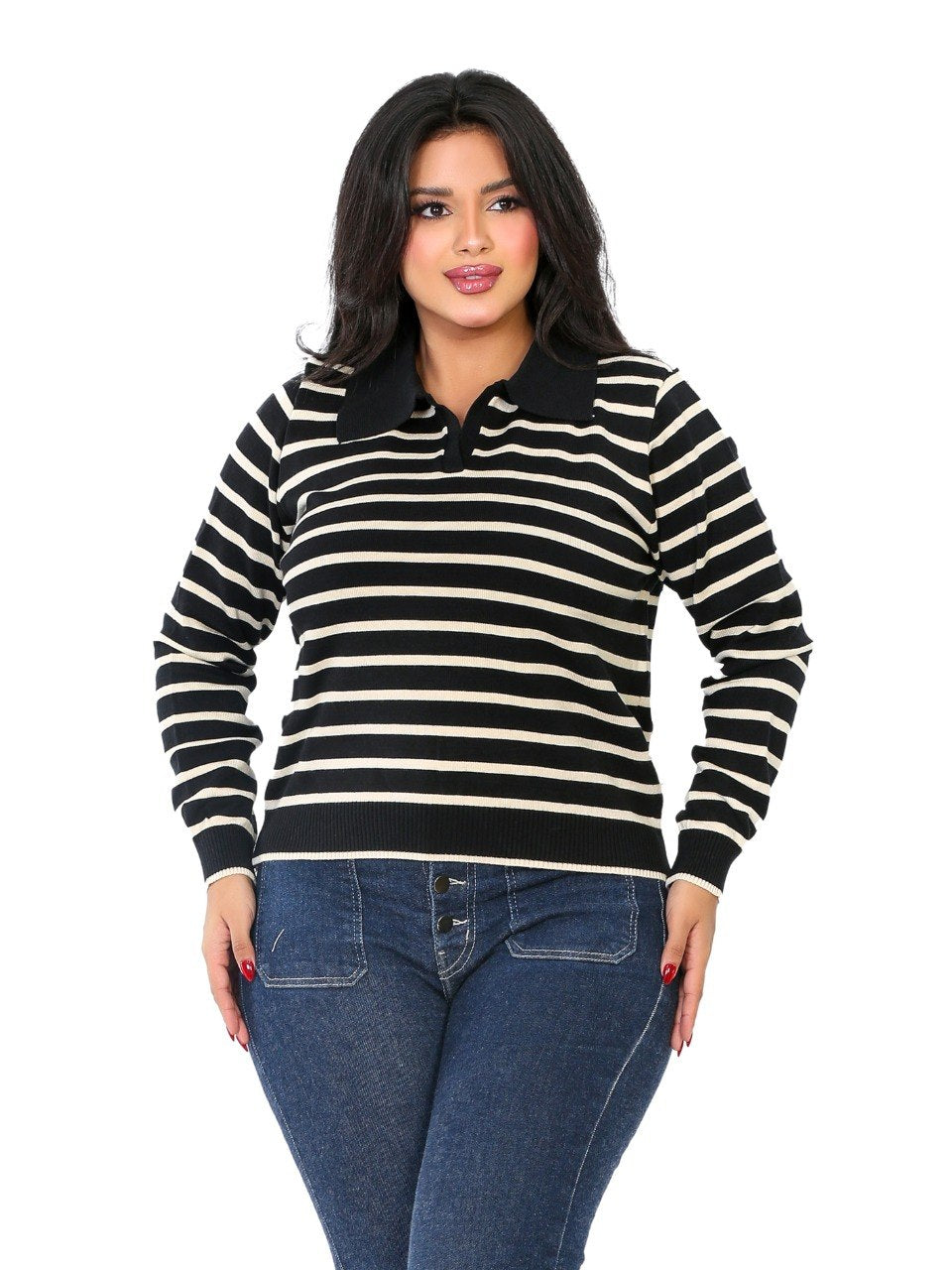 Classic Stripe Collared Knit Blouse - Black
