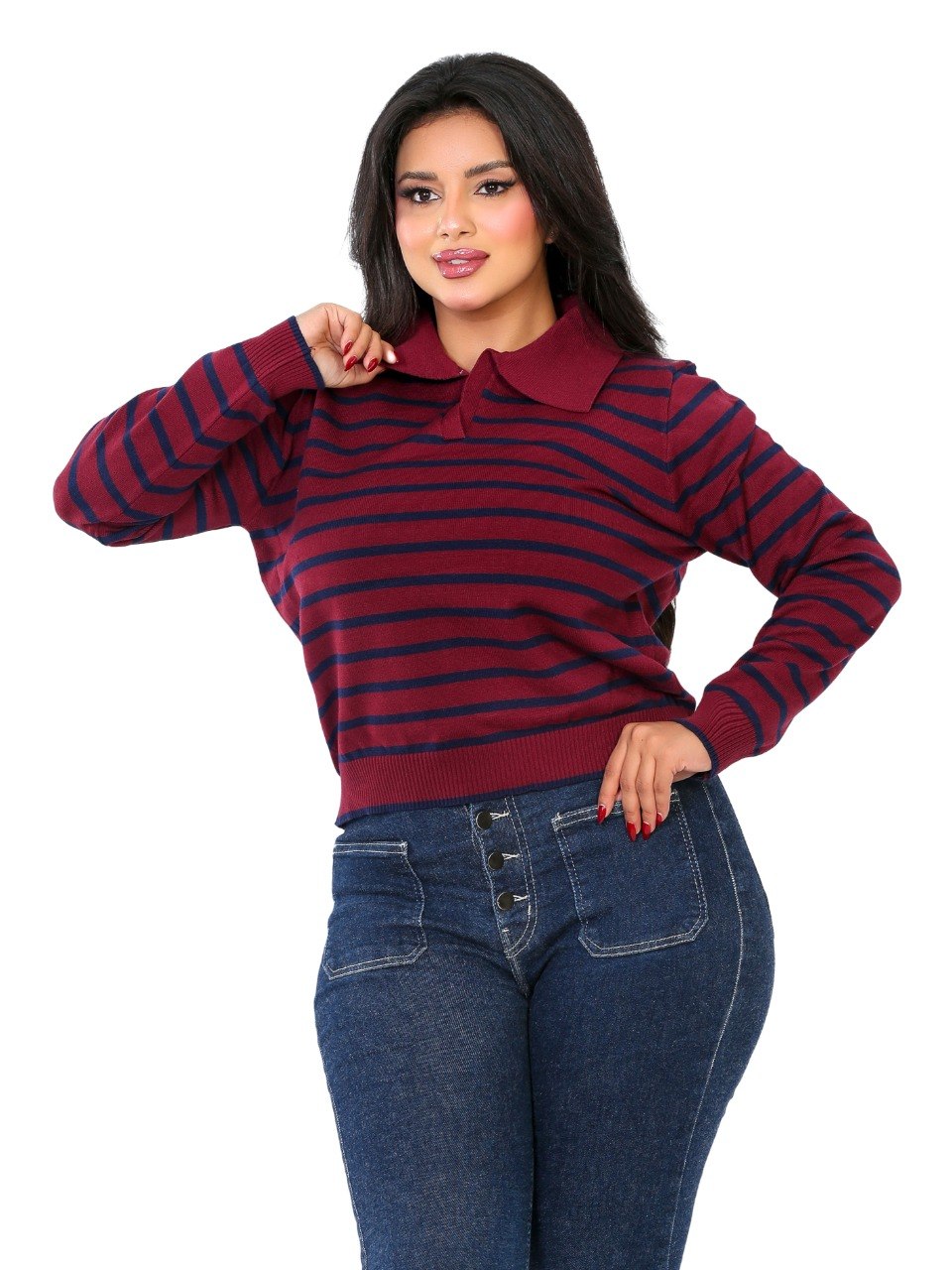 Classic Stripe Collared Knit Blouse - Burgundy