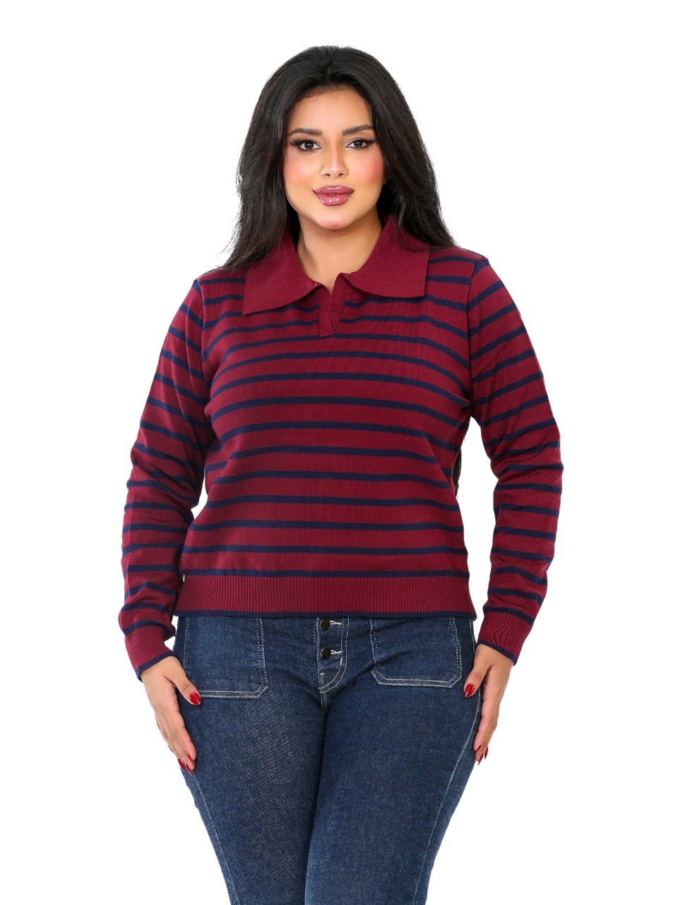 Classic Stripe Collared Knit Blouse - Burgundy