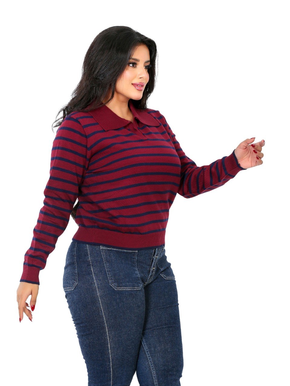 Classic Stripe Collared Knit Blouse - Burgundy