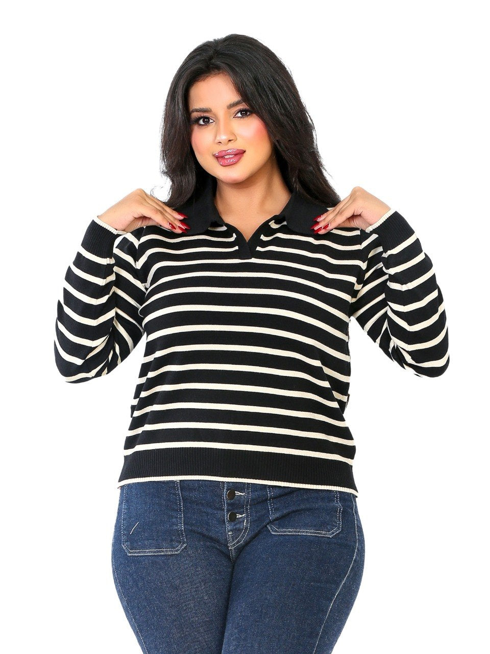 Classic Stripe Collared Knit Blouse - Black