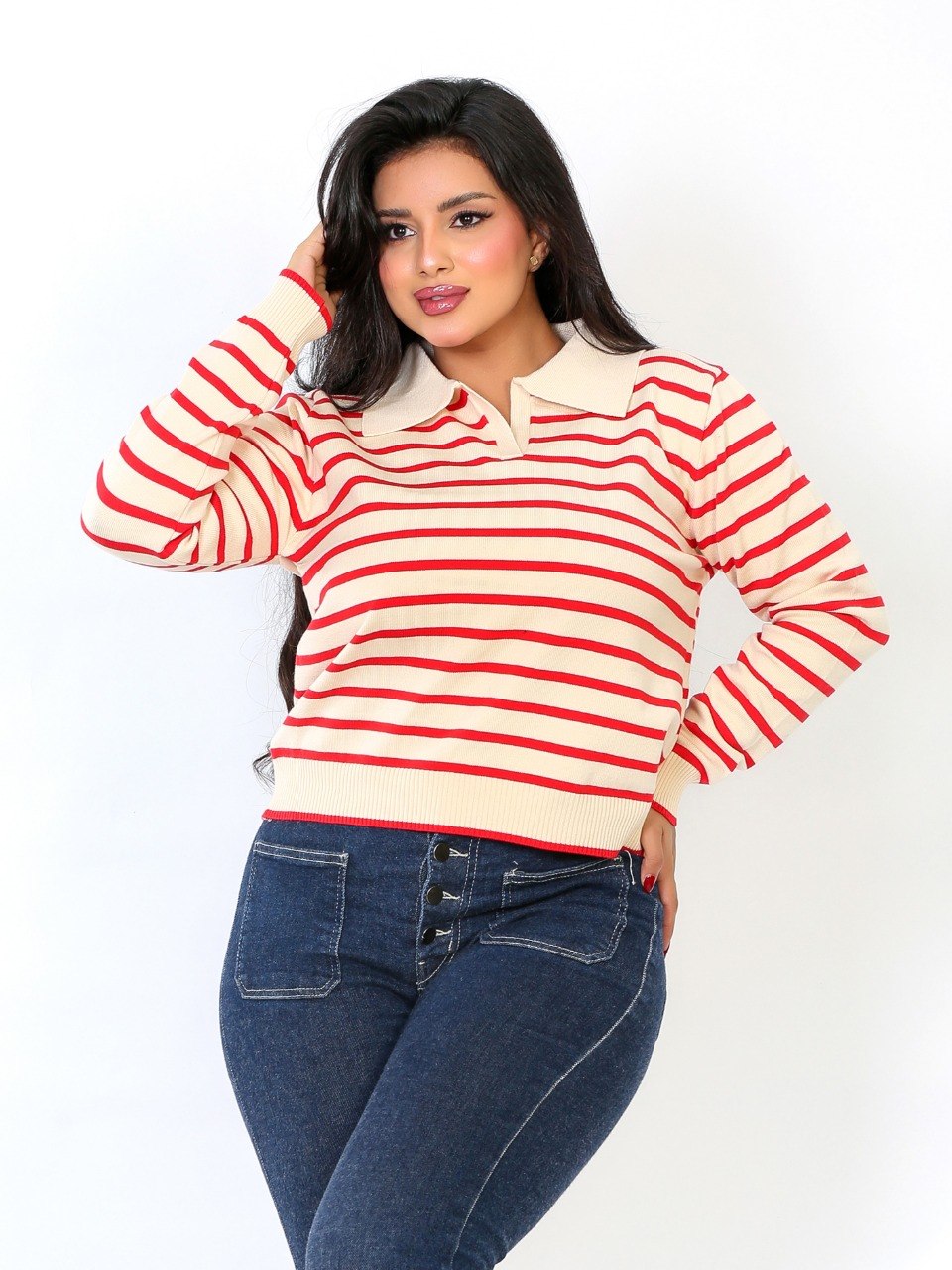 Classic Stripe Collared Knit Blouse - Red