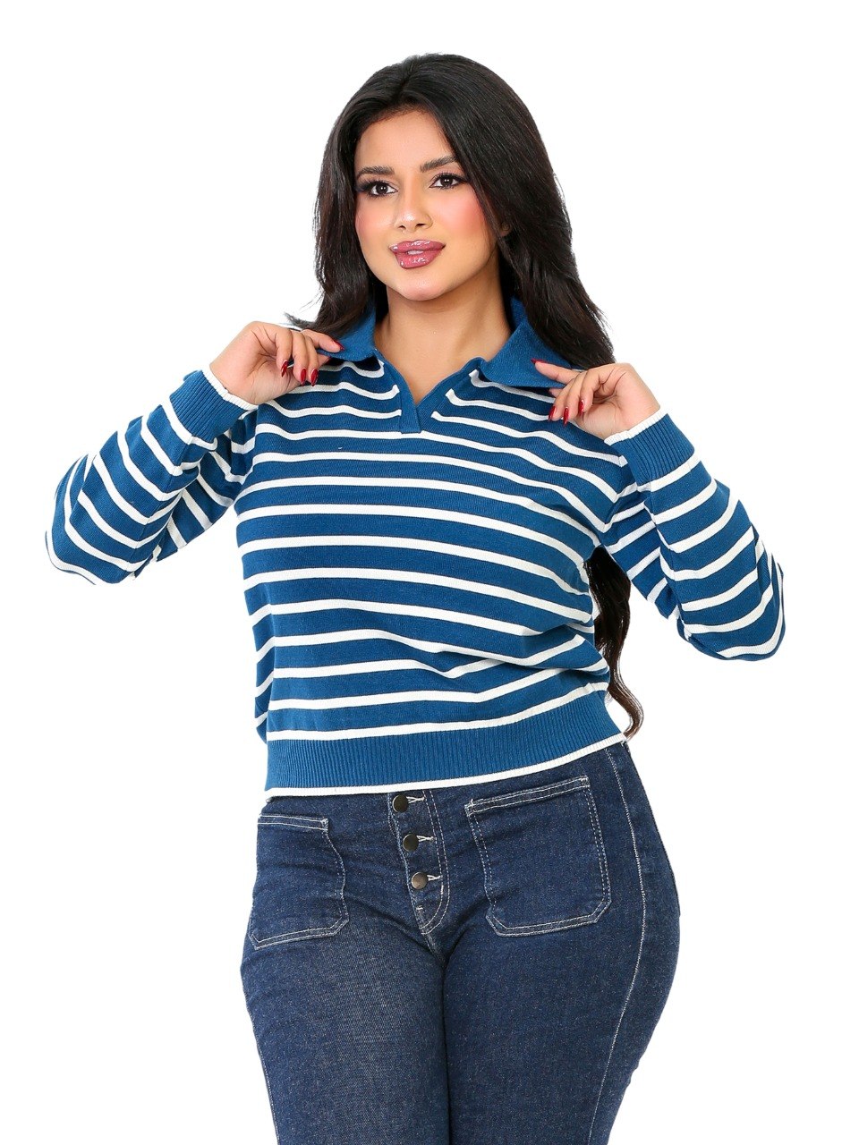 Classic Stripe Collared Knit Blouse - Blue