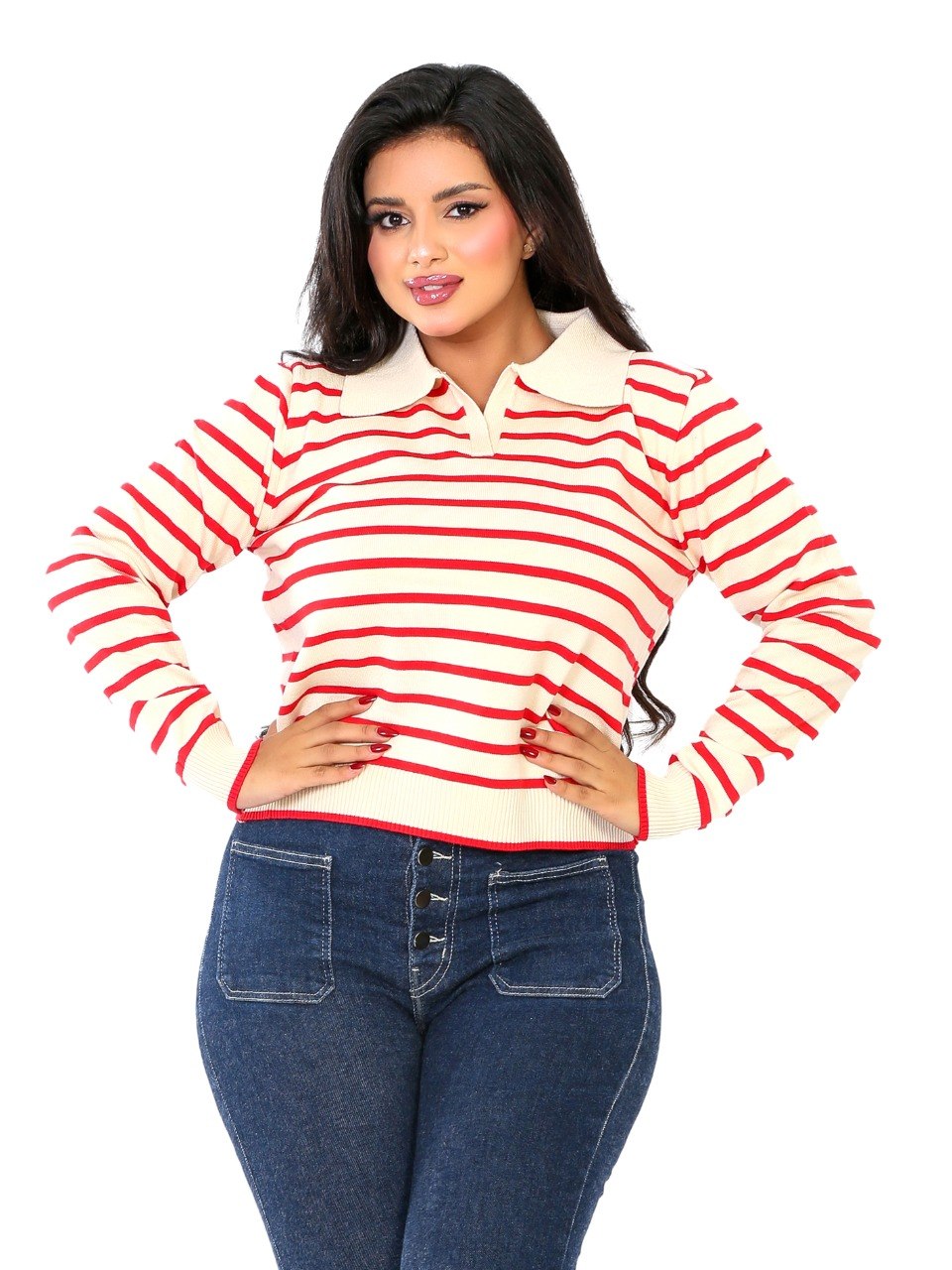 Classic Stripe Collared Knit Blouse - Red