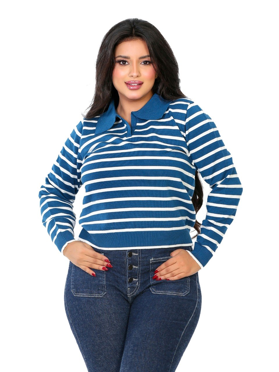Classic Stripe Collared Knit Blouse - Blue