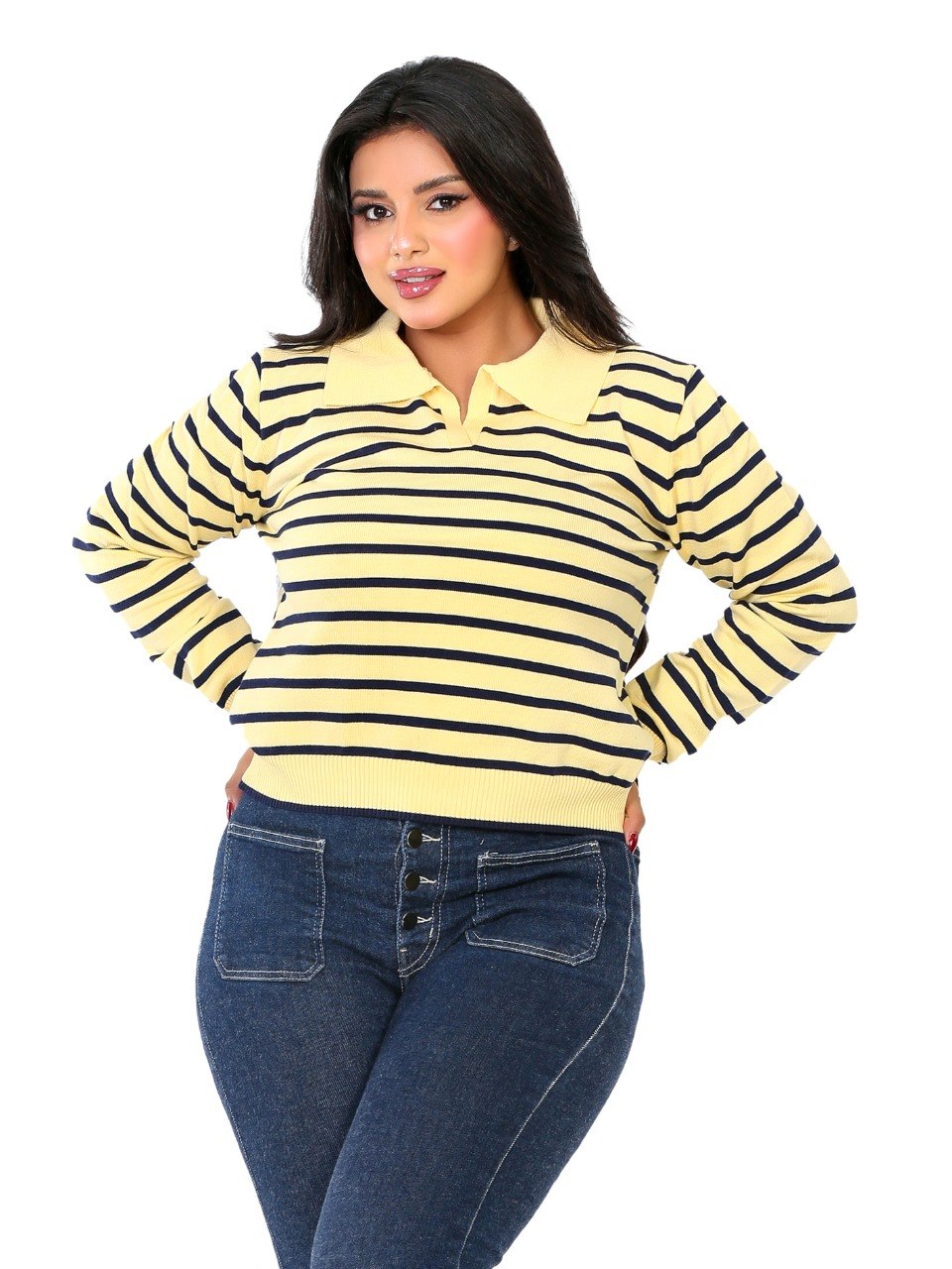 Classic Stripe Collared Knit Blouse - Yellow