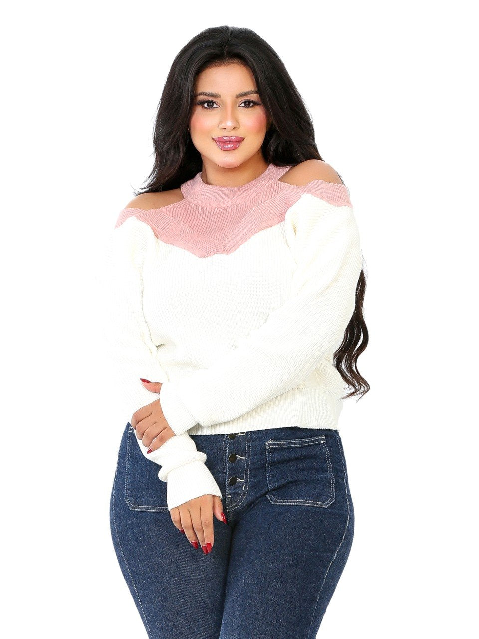 Cold Shoulder Colorblock Blouse - Pink
