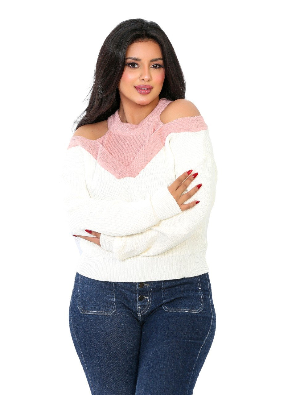 Cold Shoulder Colorblock Blouse - Pink