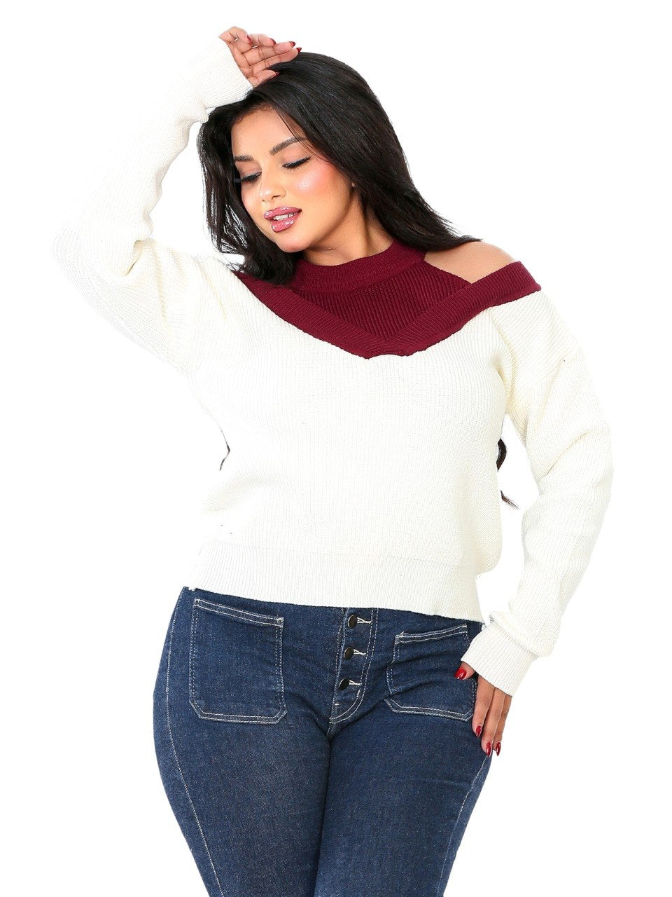 Cold Shoulder Colorblock Blouse - Burgundy