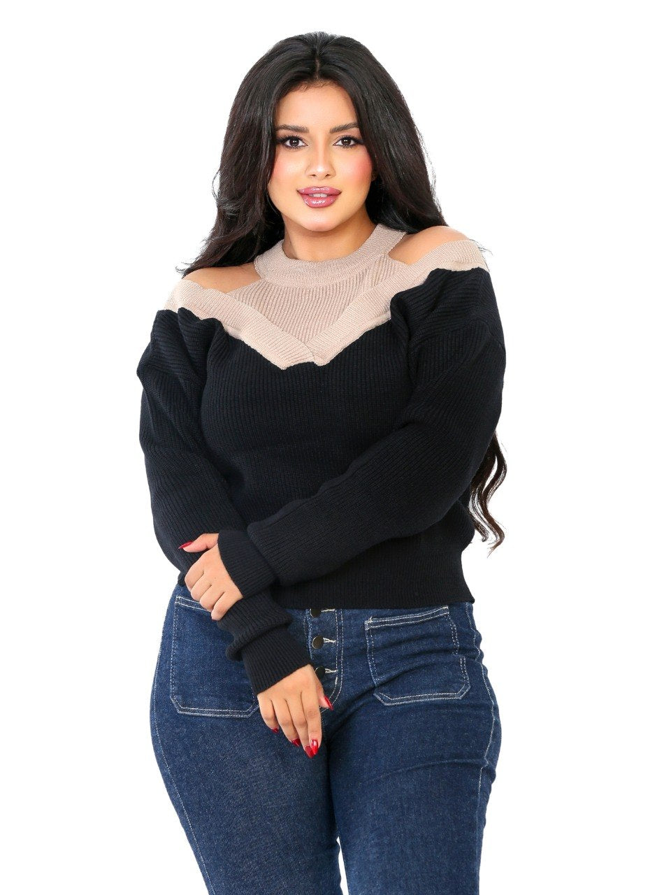 Cold Shoulder Colorblock Blouse - Black