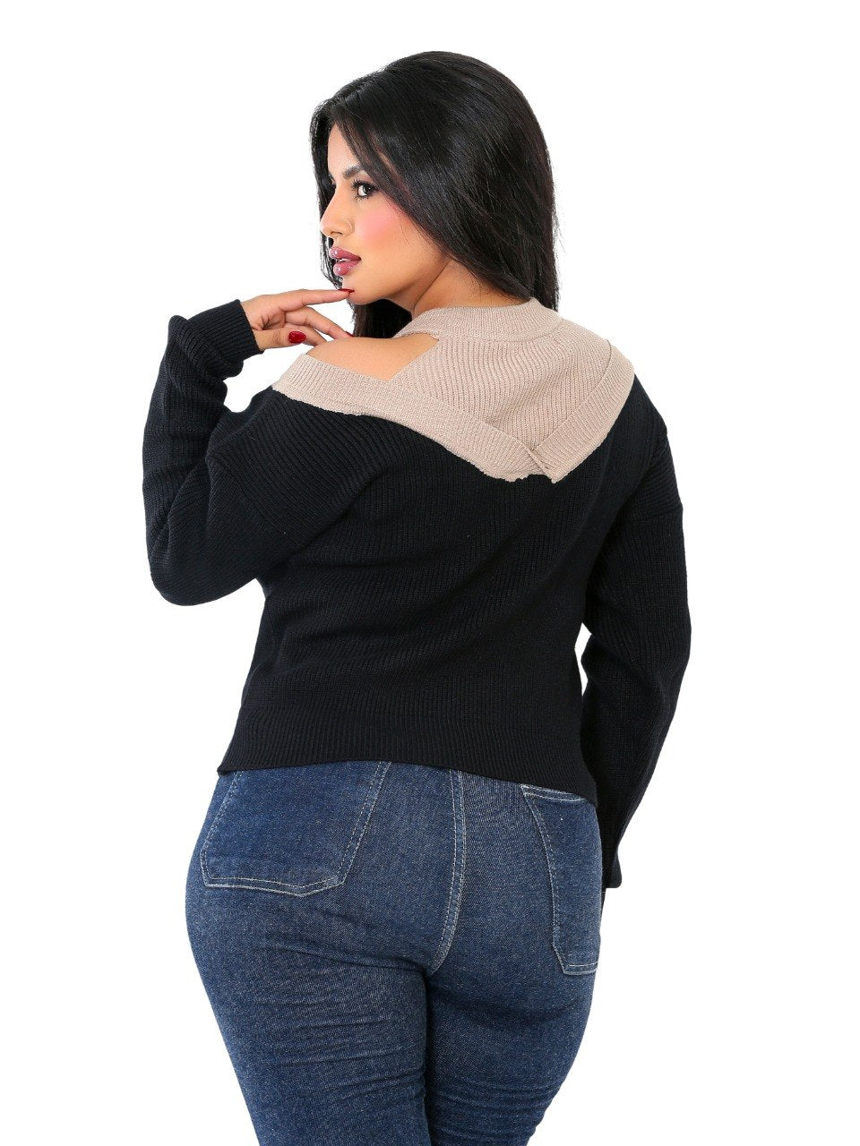 Cold Shoulder Colorblock Blouse - Black