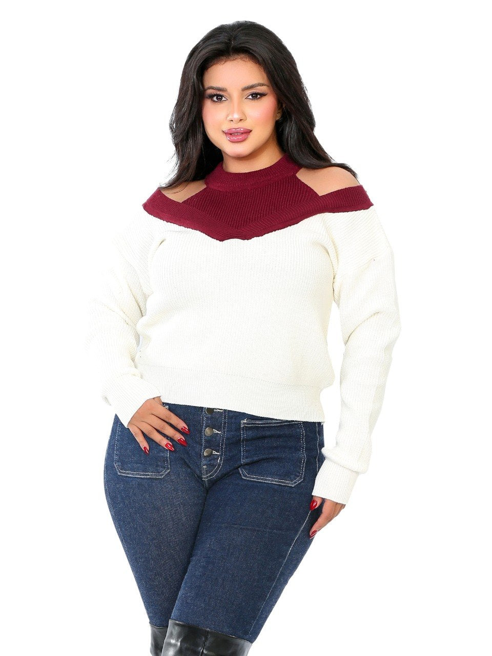 Cold Shoulder Colorblock Blouse - Burgundy