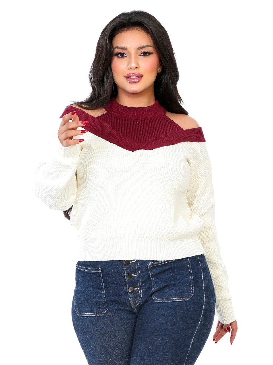 Cold Shoulder Colorblock Blouse - Burgundy
