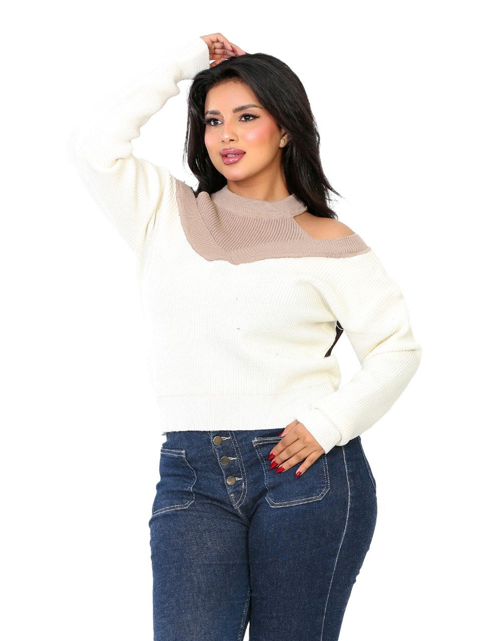 Cold Shoulder Colorblock Blouse - Off White