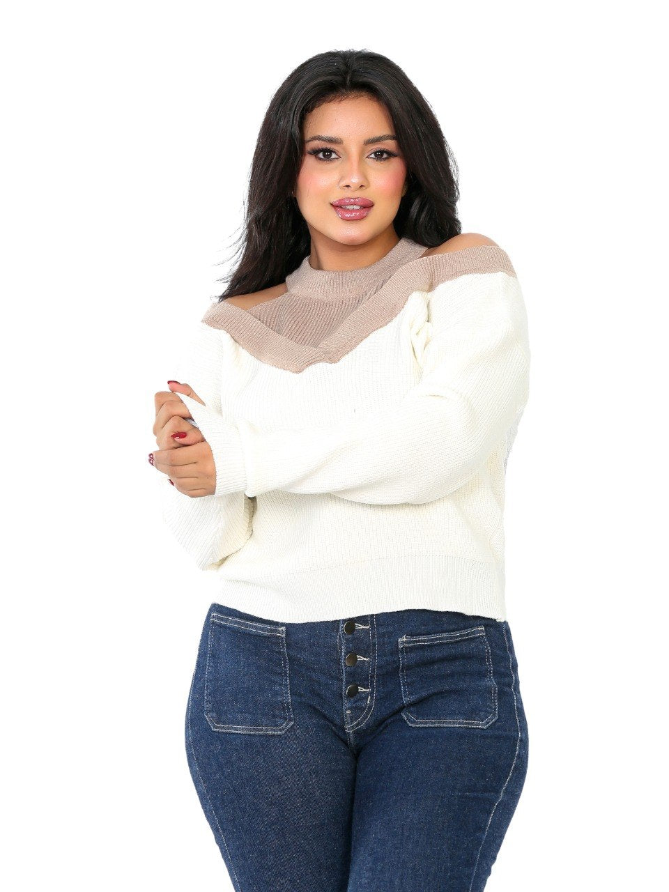 Cold Shoulder Colorblock Blouse - Off White
