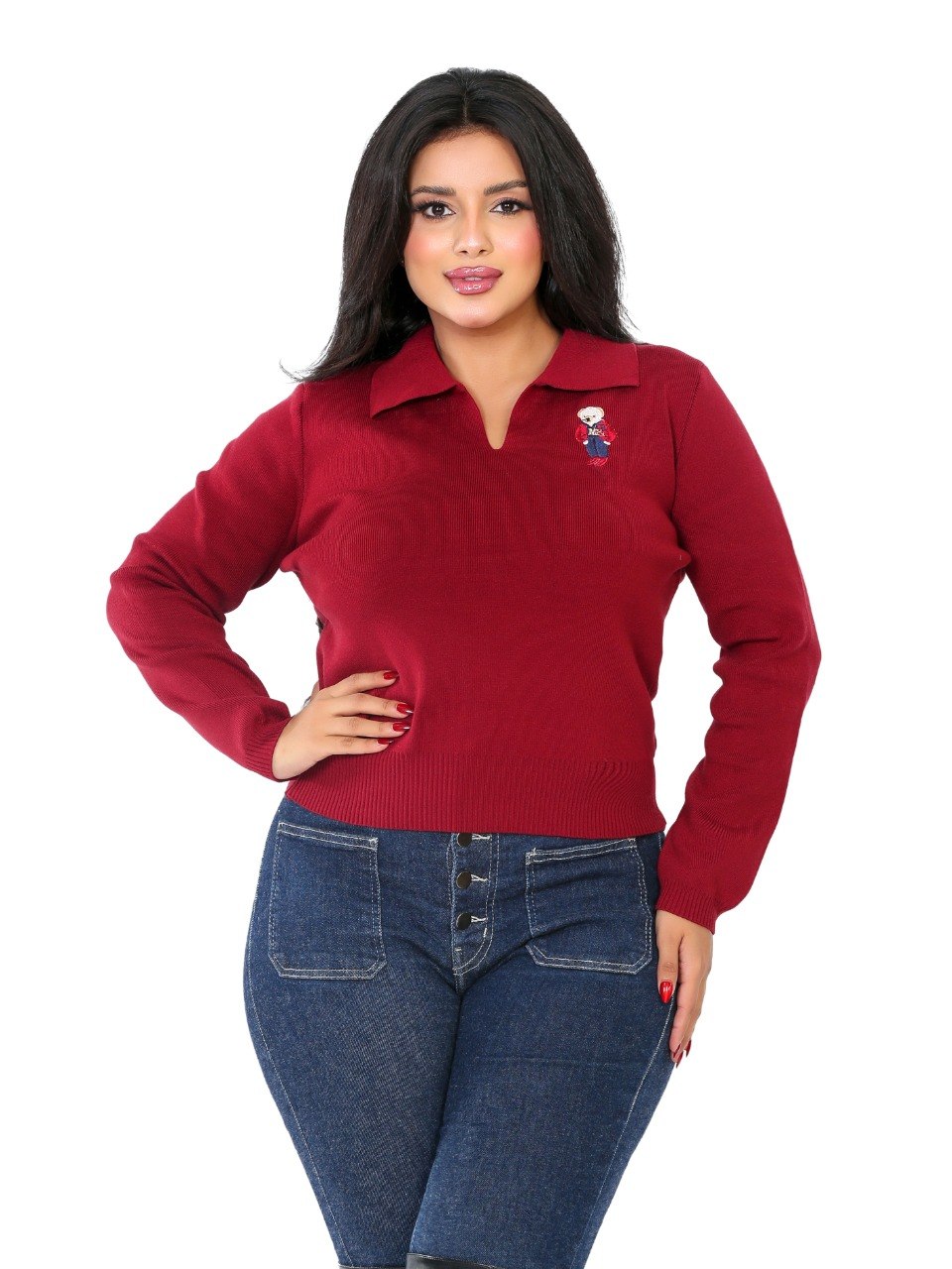 Embroidered Patch Collar Blouse - Red