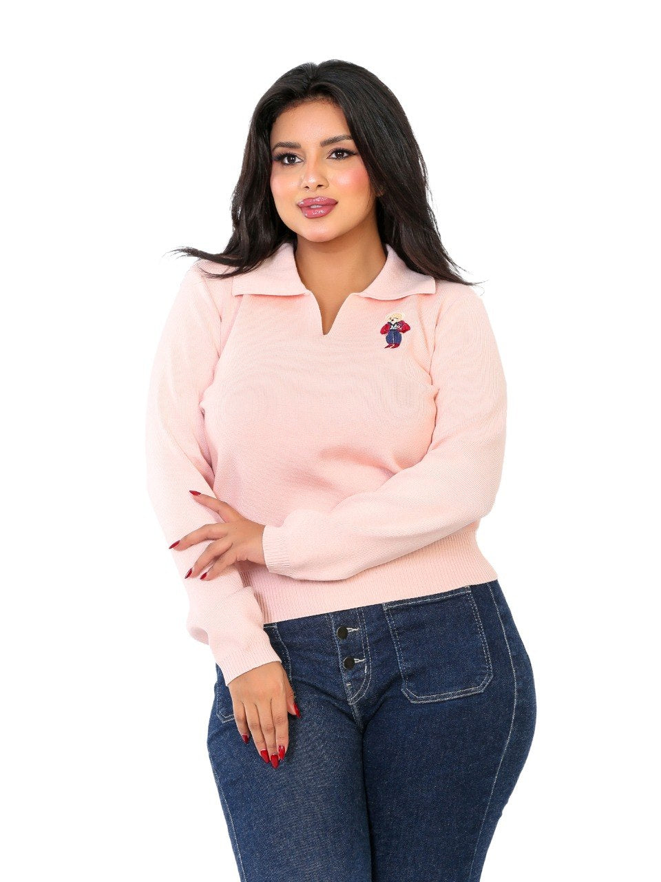 Embroidered Patch Collar Blouse - Peach