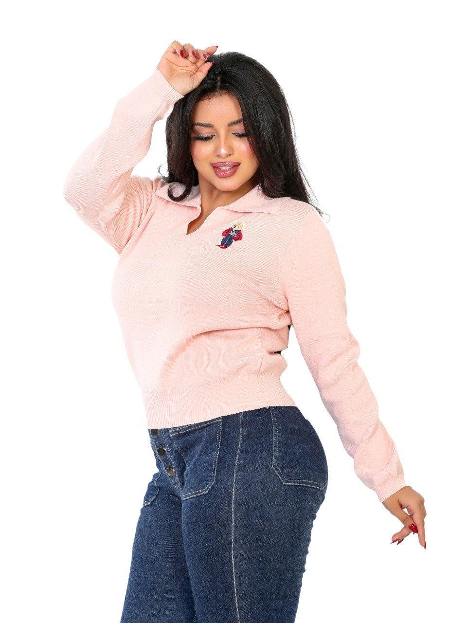 Embroidered Patch Collar Blouse - Peach
