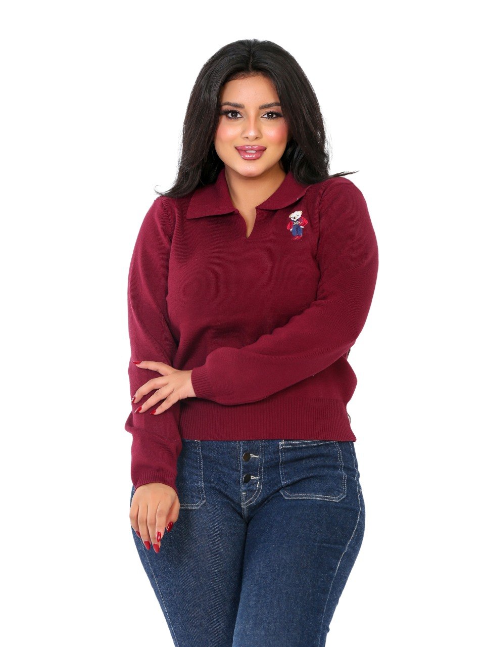 Embroidered Patch Collar Blouse - Burgundy