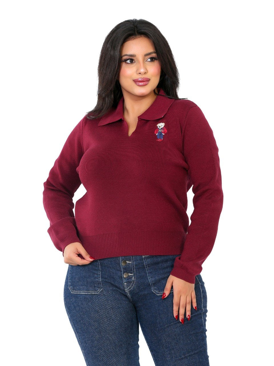 Embroidered Patch Collar Blouse - Burgundy