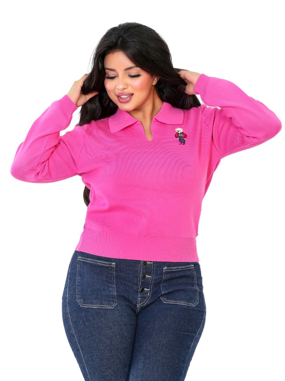 Embroidered Patch Collar Blouse - Fuchsia